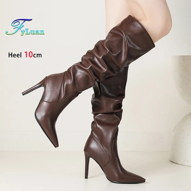 2025 Winter Knee Boots With Heels Woman 10CM Stiletto Fashion Slip on Pointy Autumn Shoes Women Soft Leather Pleated Long Boots 251031