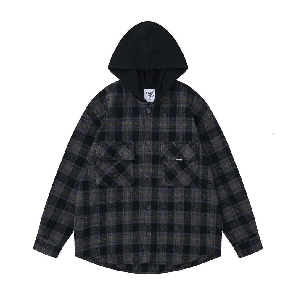 American Retro Loose Plaid Trendy Brand Men's Spring and Autumn Checkered Long Sleeve Color Block Hooded Shirt Jacket