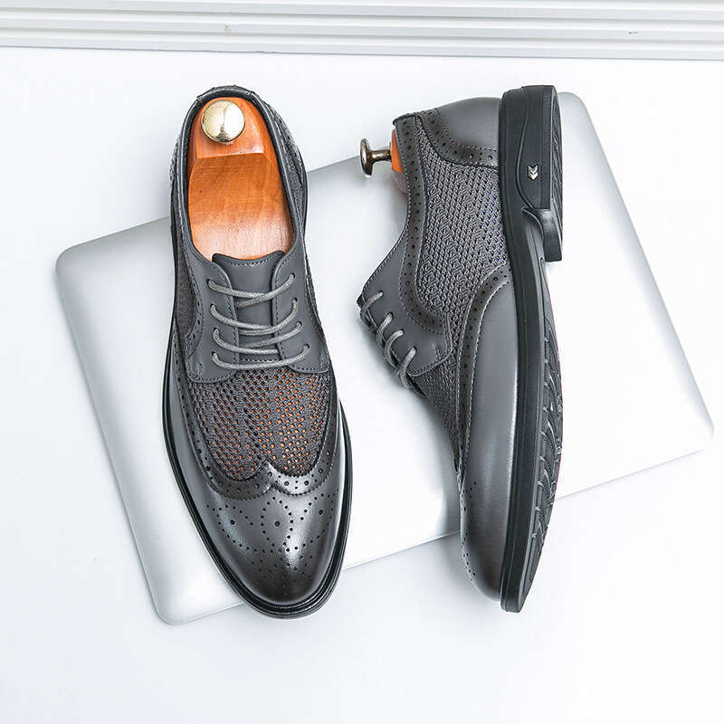 Summer mesh breathable casual plus size fashionable men's new leather shoes, hollow block business shoes