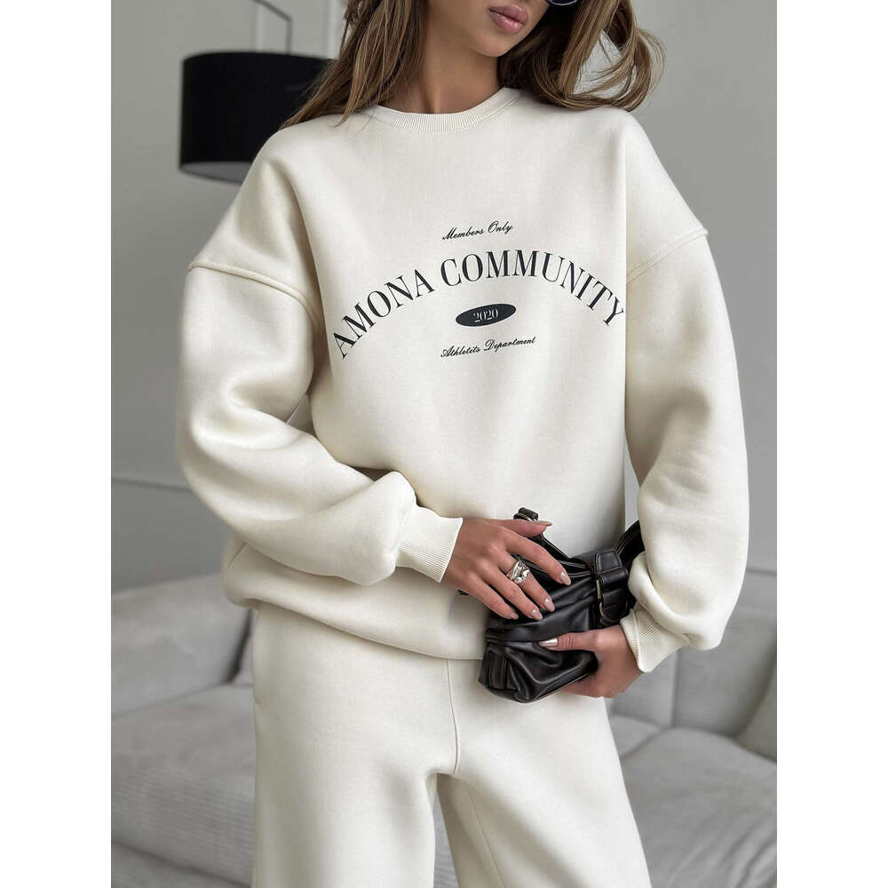 Casual American Retro For Women Street Style Letter Print Loose Round Neck Sweatshirt And Long Pants Two-Piece Set B5