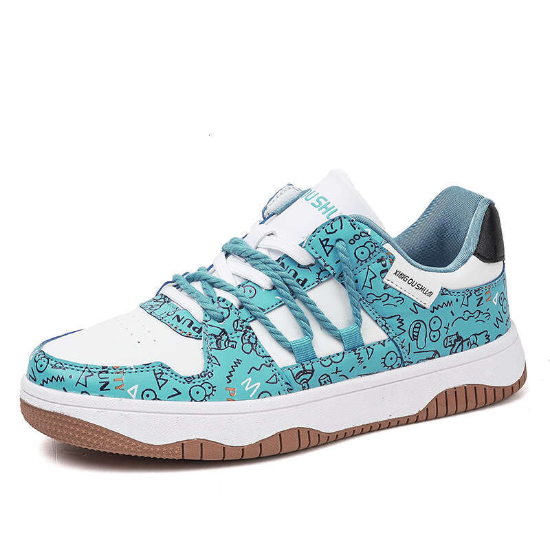 Large sized student color blocked board low cut lace up casual white shoes, Korean version leather face trendy single shoes H22