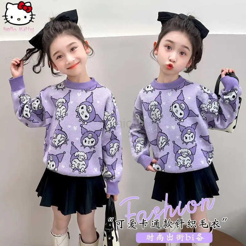 Sanrio Cartoon Girls Kuromi Warm Sweater Kawaii Kids Anime Thickened Sweater Autumn Winter New Halloween Fashionable Underwear H251105