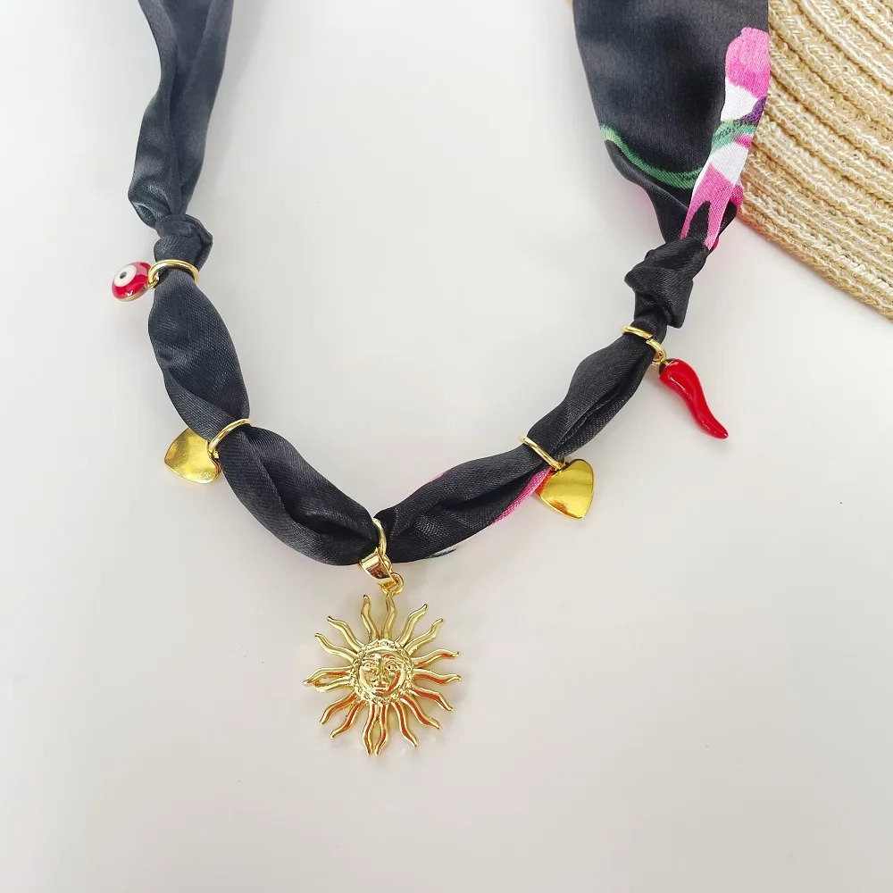 Handmade Fabric Bandana Necklace Adjustable Necklace with Golden Sun Heart Charms 251031