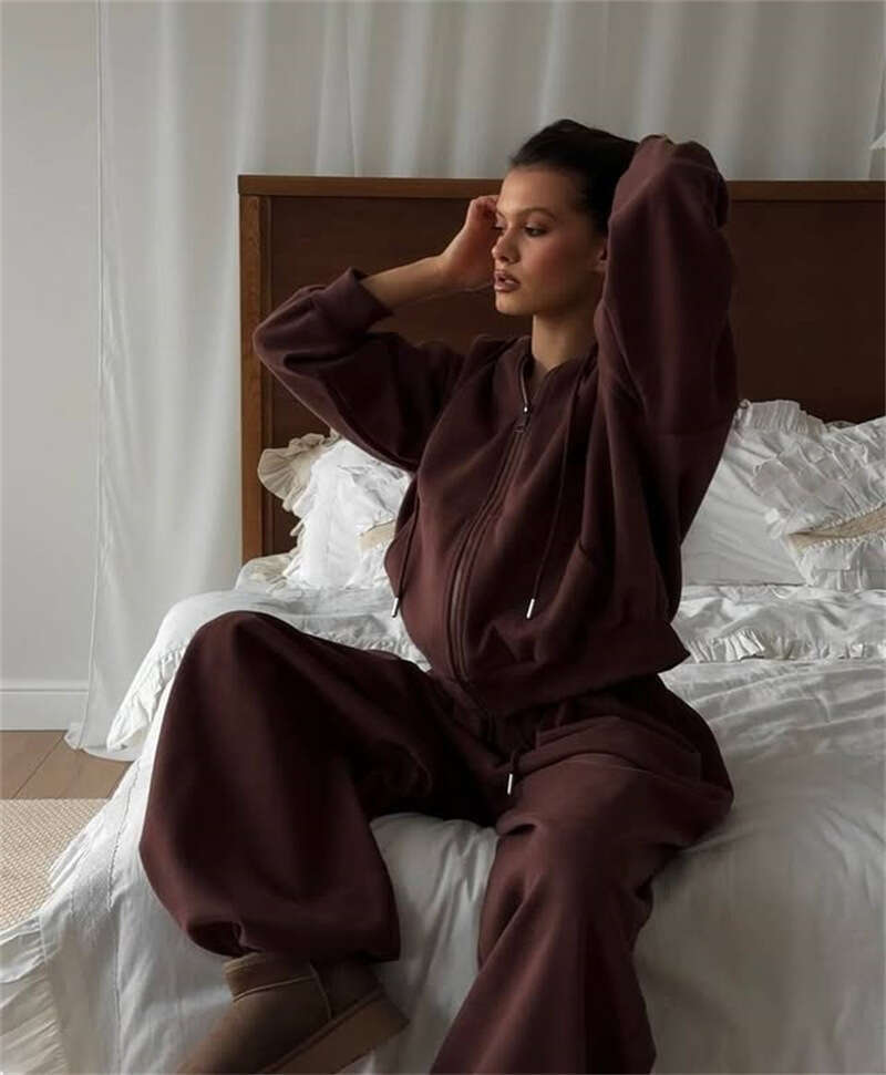 European American Fashion Casual Sleeve Hooded Sports Cardigan And Long Pants Two-Piece Set Women's Autumn Winter Cotton Sweatshirt B5