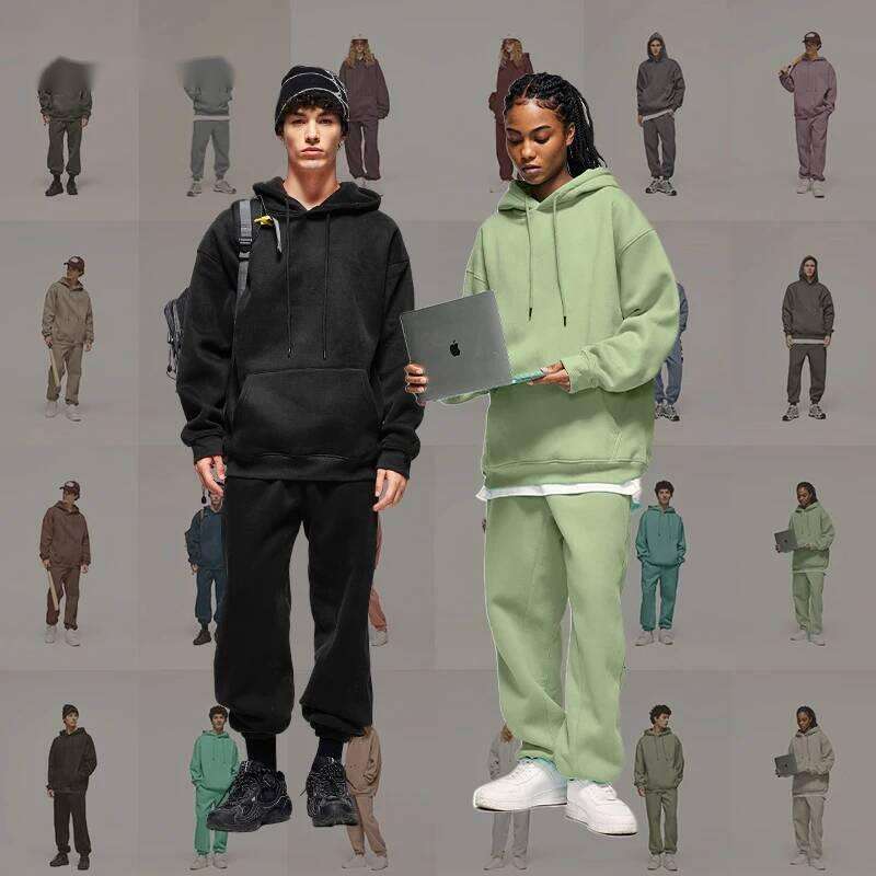 Thick Vlevet Tracksuit Unisex Trendy Solid Color Jogging Suit Mens Blank Matching Fleece Sweatpant Set