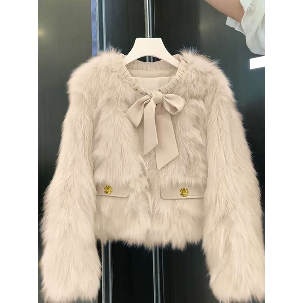 Cozy Jacket Pink Faux-Fur Trim Jacket Women | Winter Plush Collar Fringe Hem Coat, Elegant Short H-Line Silhouette, Single-Breasted Loose Fit For Casu