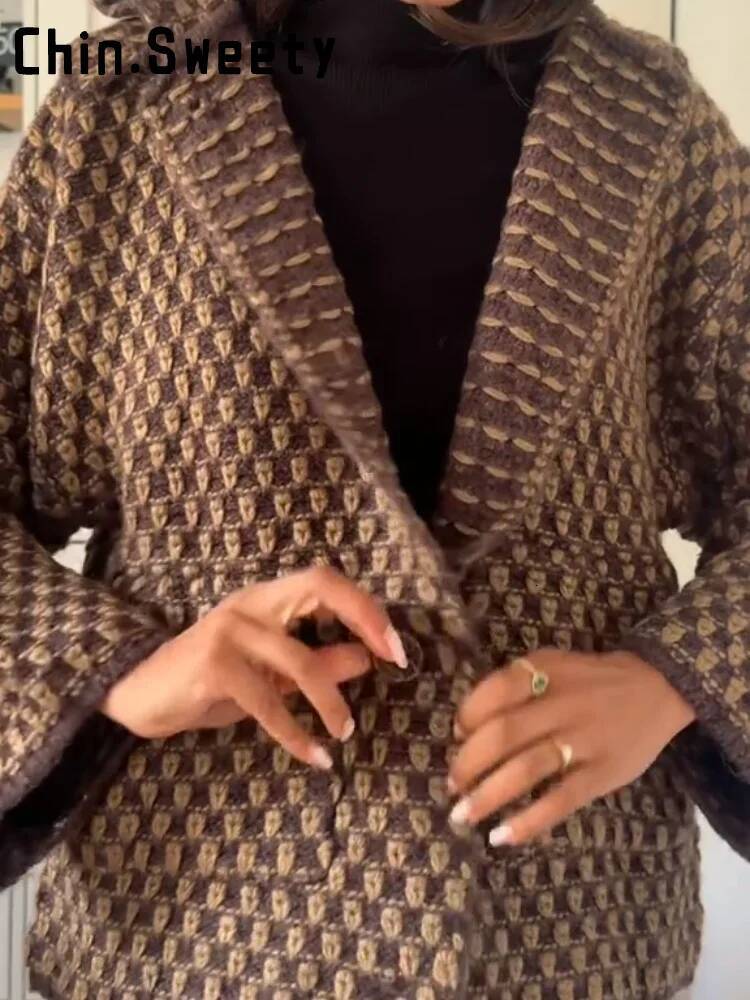 winter jacket women Fashion Caramel Lapel Plaid Knit Cardigan Women Loose Single Breast Pocket Warm Coat Autumn Lady Korean Style Knitwear New