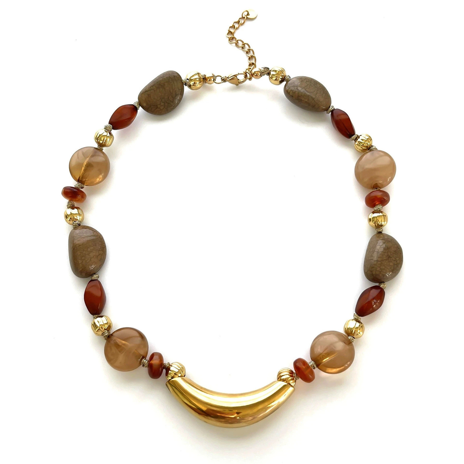 Retro Natural Agate Beaded Necklace with Stainless Steel Bull Horn Charm Waterproof Womens Handmade Jewelry 251031