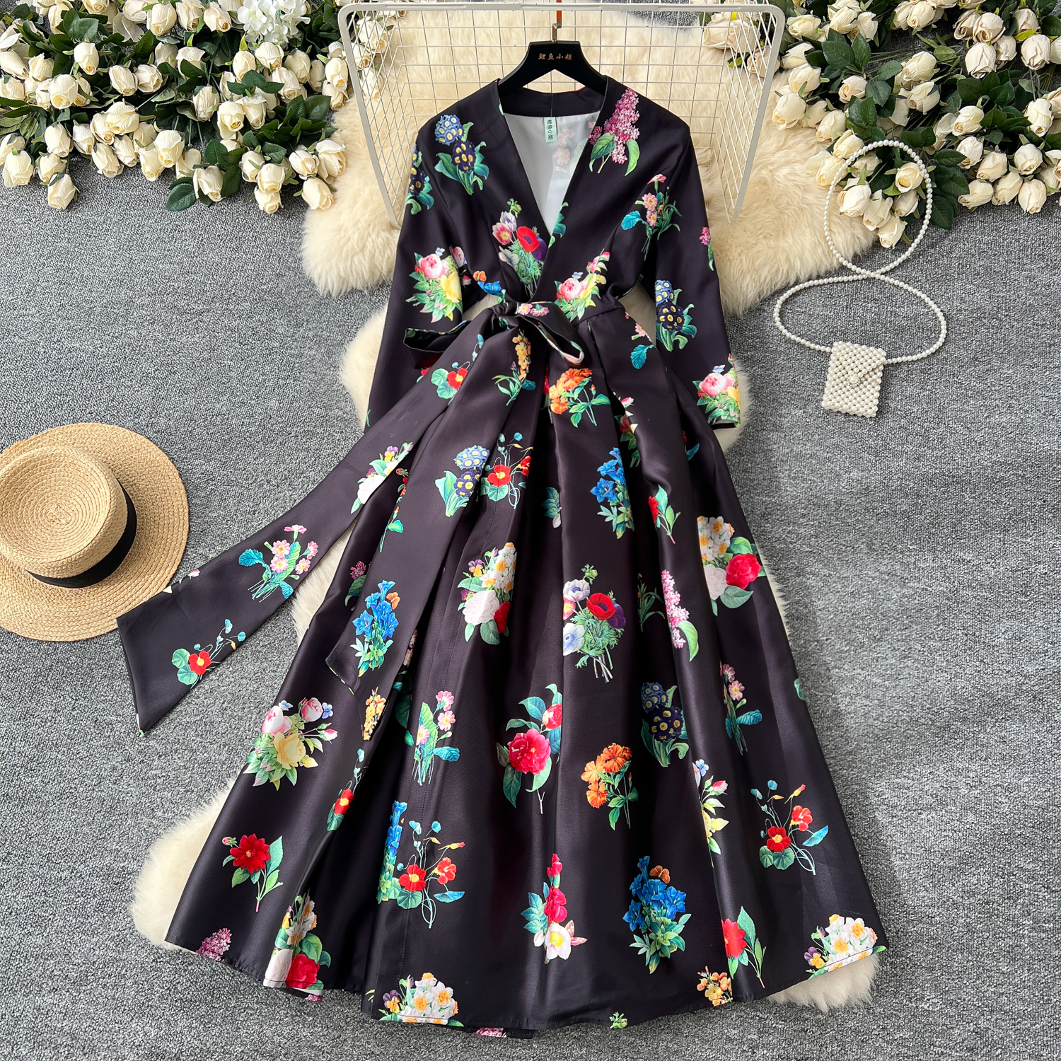 Basic Casual Dresses Spring Summer Gorgeous Holiday Beach Dress Women's Stand Long Lantern Sleeve Vintage Floral Print Belt Chiffon Loose Vestido