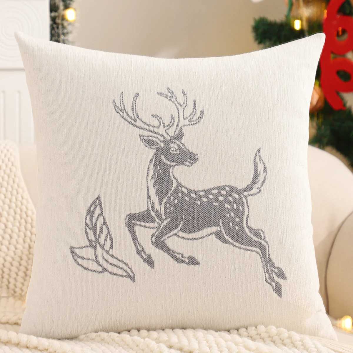 Embroidery Throw Pillow Cover Christmas Decoration Chenille Jacquard Reindeer Winter Farmhouse Home Sofa Living Room Y251105