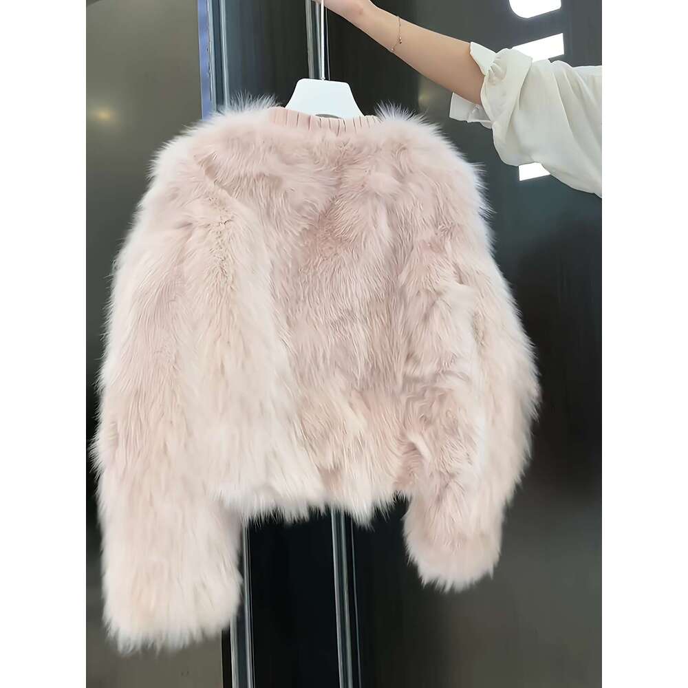 Cozy Jacket Pink Faux-Fur Trim Jacket Women | Winter Plush Collar Fringe Hem Coat, Elegant Short H-Line Silhouette, Single-Breasted Loose Fit For Casu