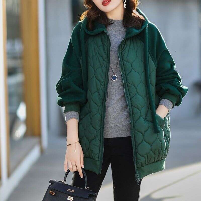 European Station New Hooded Patchwork Down Thick Coat Cotton Padded Jacket Plus Size Loose Fashion Women's Clothing B5