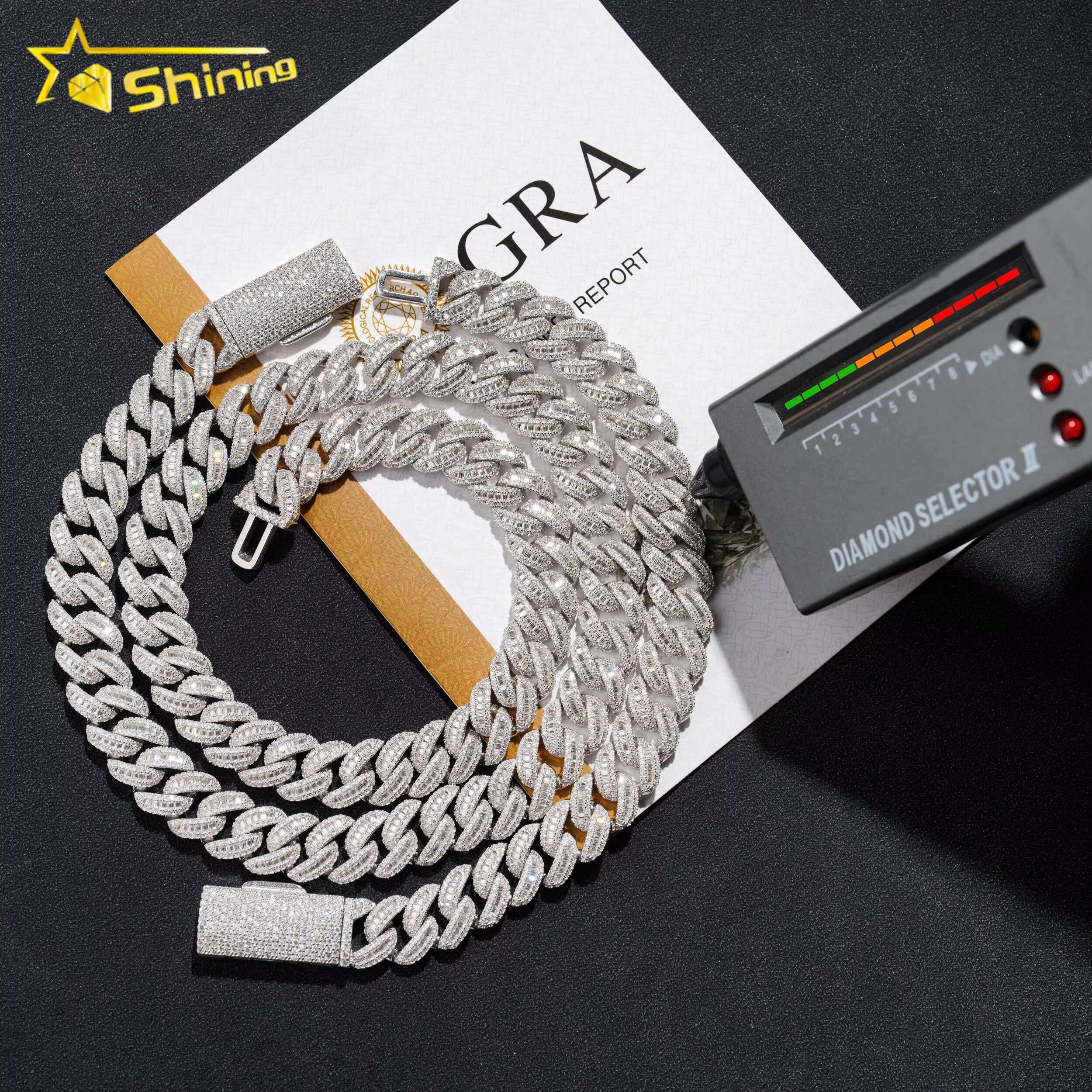 GRA Pass Diamond Tester Hip Hop Jewelry 925 Silver 12MM Width VVS Diamond Moissanite Iced Out Baguette Cuban Link Chain