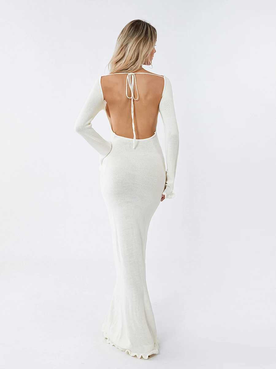Womens Knitted Bodycon Dress Fashion Long Sleeve Tie Backless Round Neck Solid Color Ruffle Trim Long Dress Casual Beachwear J251105