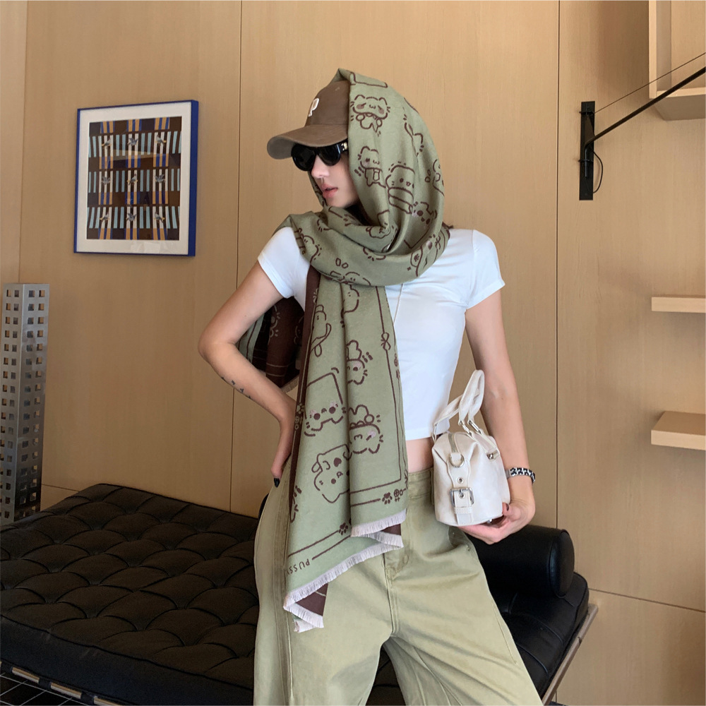 Cute Cartoon Animal Print Scarf Autumn And Winter Warm Tassel Shawl Scarf Multi Color Playful Style Imitation Cashmere Scarf
