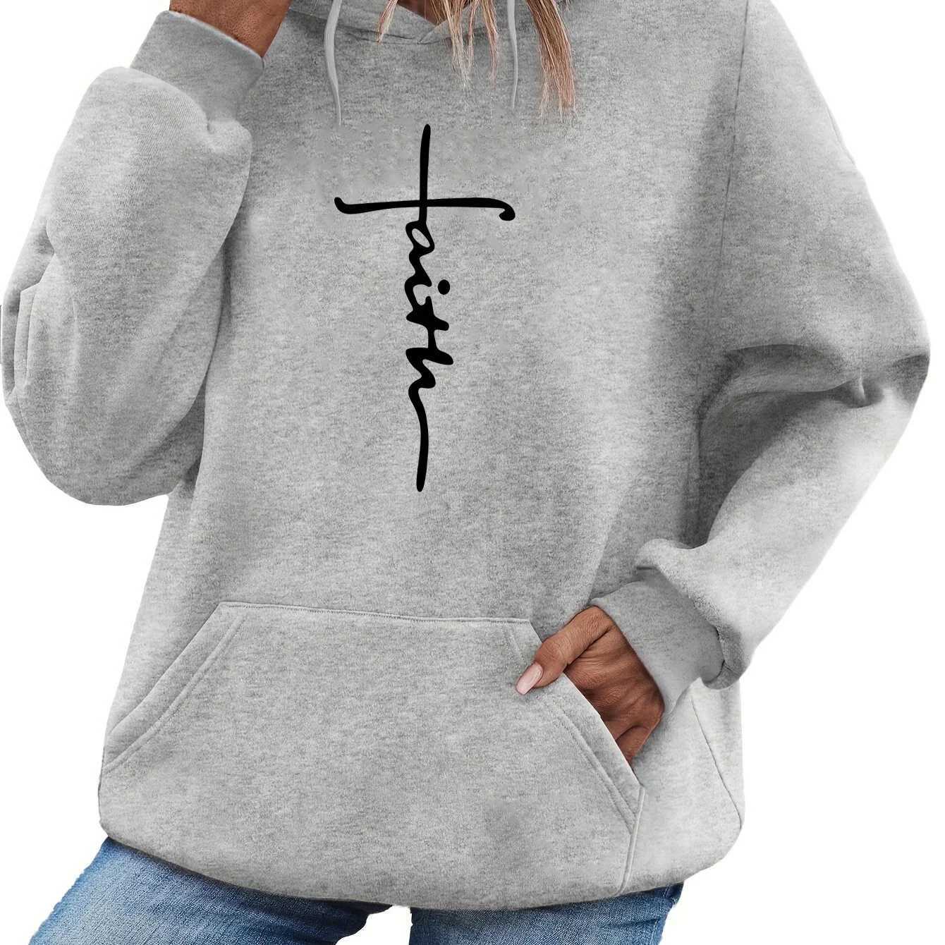 Womens autumn and winter casual loose warm cross faith pattern printed suede long sleeved hooded sweatshirtT251105