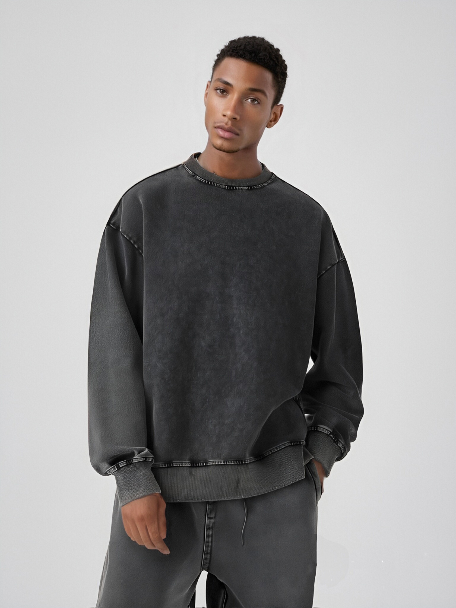 BLNCG Men's Washed Retro Sweatshirt, 100% Cotton Vintage Style, Customizable Oversize Fit -KB-01