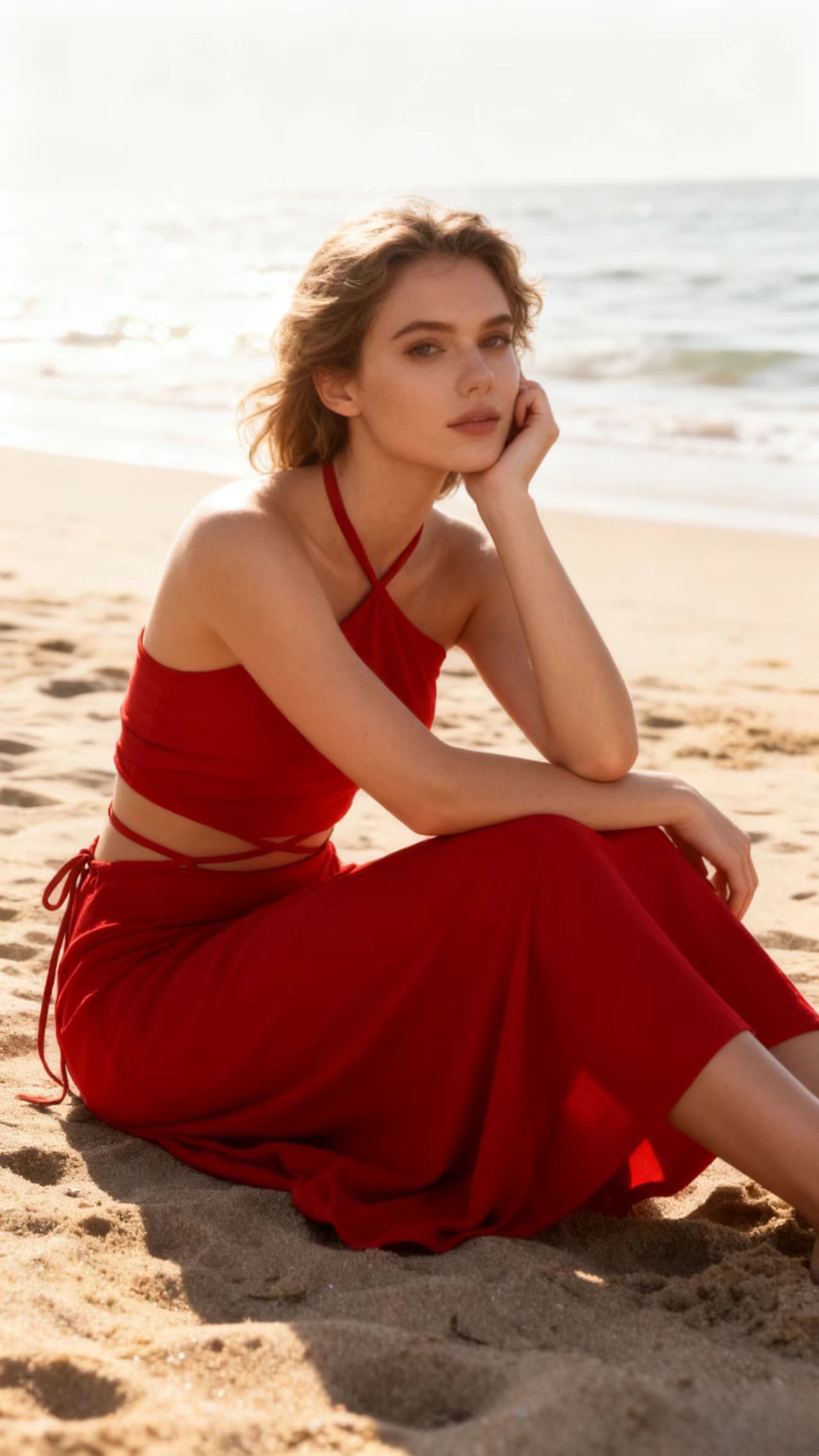 Red Halter-Neck Cross-Back Strappy Maxi Dress - Beachy Vacation Style Sexy Fitted Sleeveless Dress