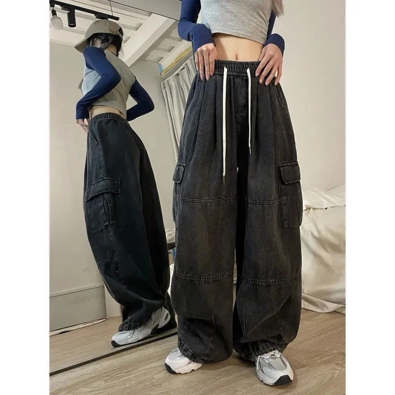 Retro blue commodity jeans womens bag denim pants oversized Y2K pleated hiphop street clothing Harajuku casual wide leg Trousers 250403
