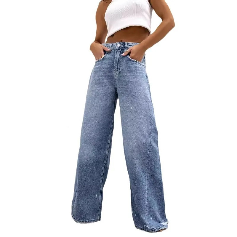 High waisted loose wide leg denim jeans womens holes washed casual straight pair boots strapless 250403