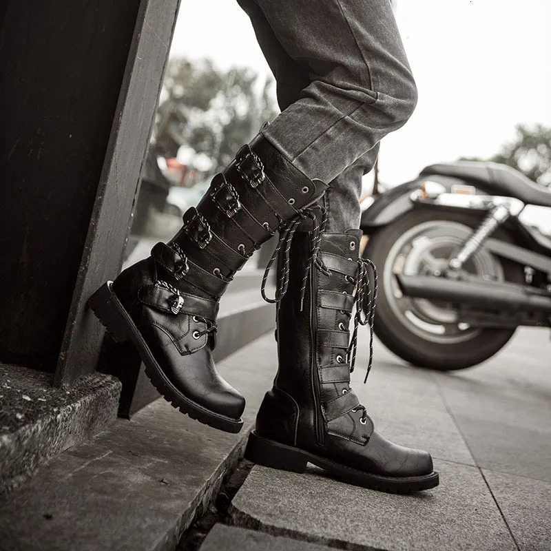 Large Size 3846 Mens PU Leather Motorcycle Boots Midcalf Breathable Combat Boots Gothic Belt Punk Boots Men Rock Punk Shoes 251103