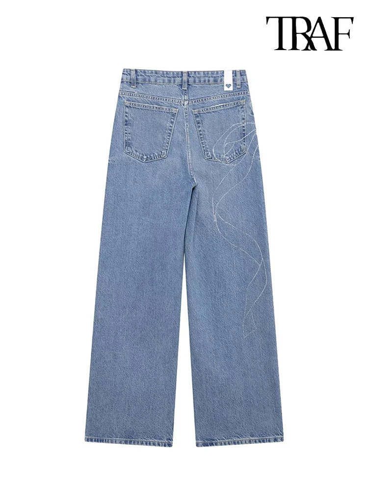 TRAF womens fashionable ultrathin slim fit high waisted Rhinestone embossed jeans American street chic blue washed casual wide leg 250403