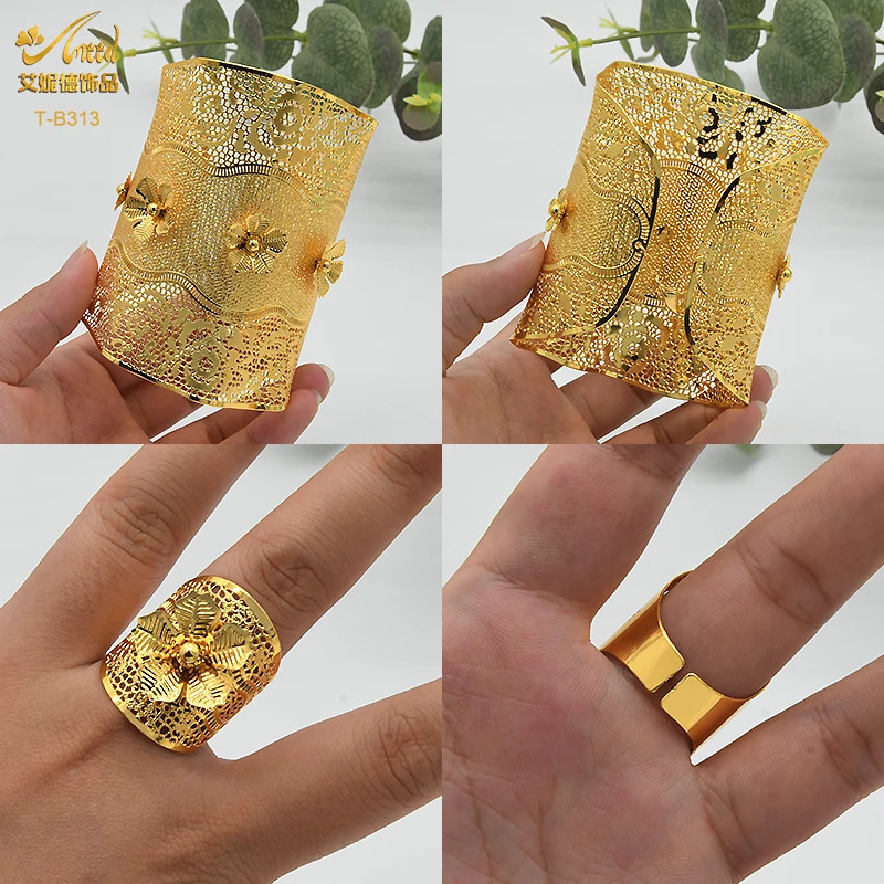 ANIID 24K Dubai Gold Plated Bangle Bracelet With Rings For Women Bridal African Jewelry Wedding Ethiopian Bracelets 251031