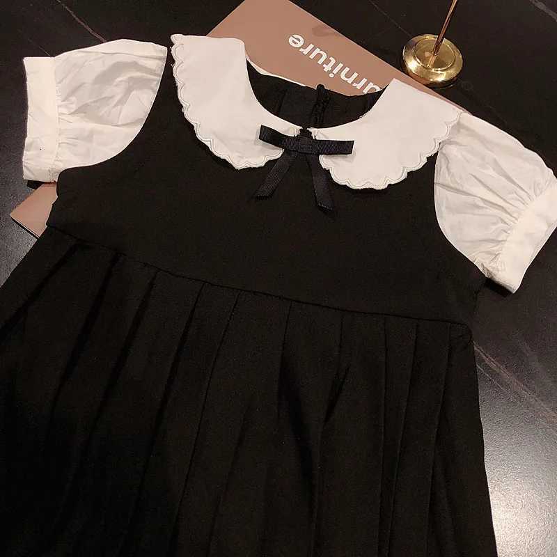 Kid Girl Elegant Dress Ruffled Peter Pan Collar Black Satin Bow Tie Puffy White Sleeves Flared Black Pleated Skirt for Children Y251105