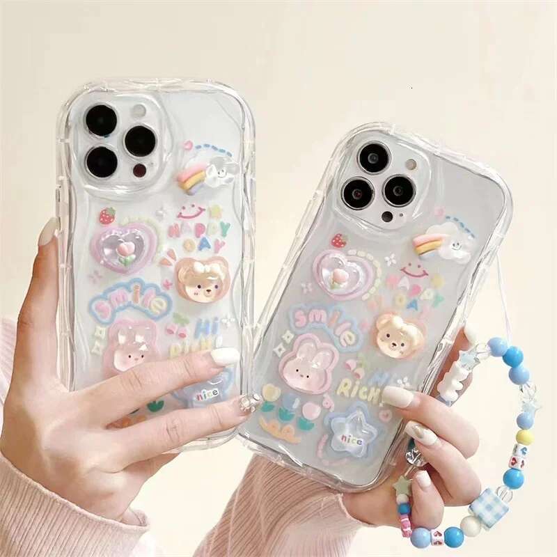 Korean 3D Bear Hang Phone Chain Lanyard Clear Soft Case For iPhone 16 15 14 Pro Max 11 13 12 Mini XR 8 7 Plus X XS SE Cute Cover