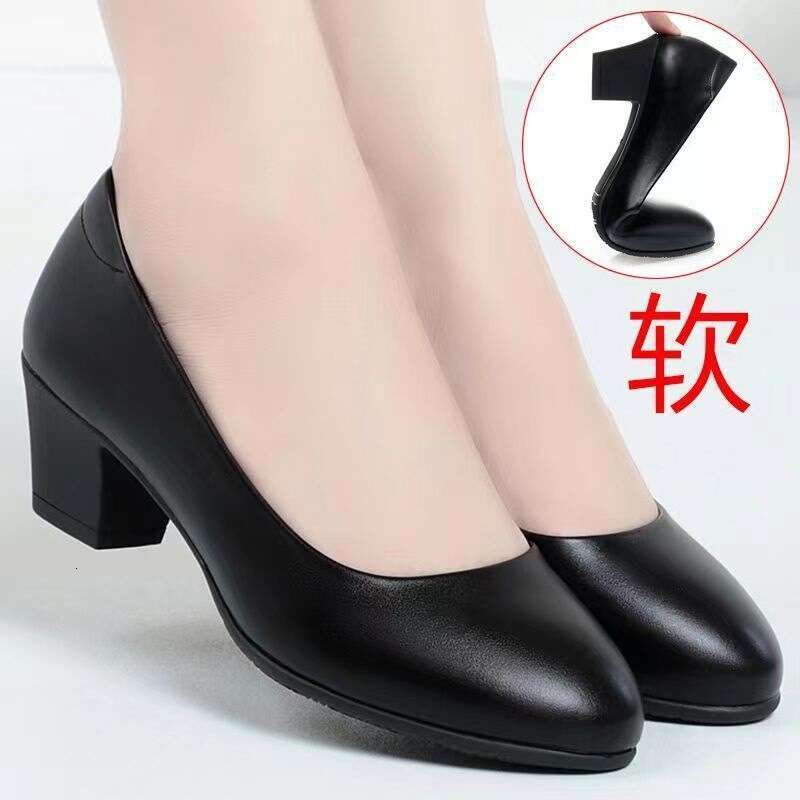 Flight attendant work shoes, black leather women, thick heels work, not tired from standing a long time, soft soles for comfortable hotel career inter