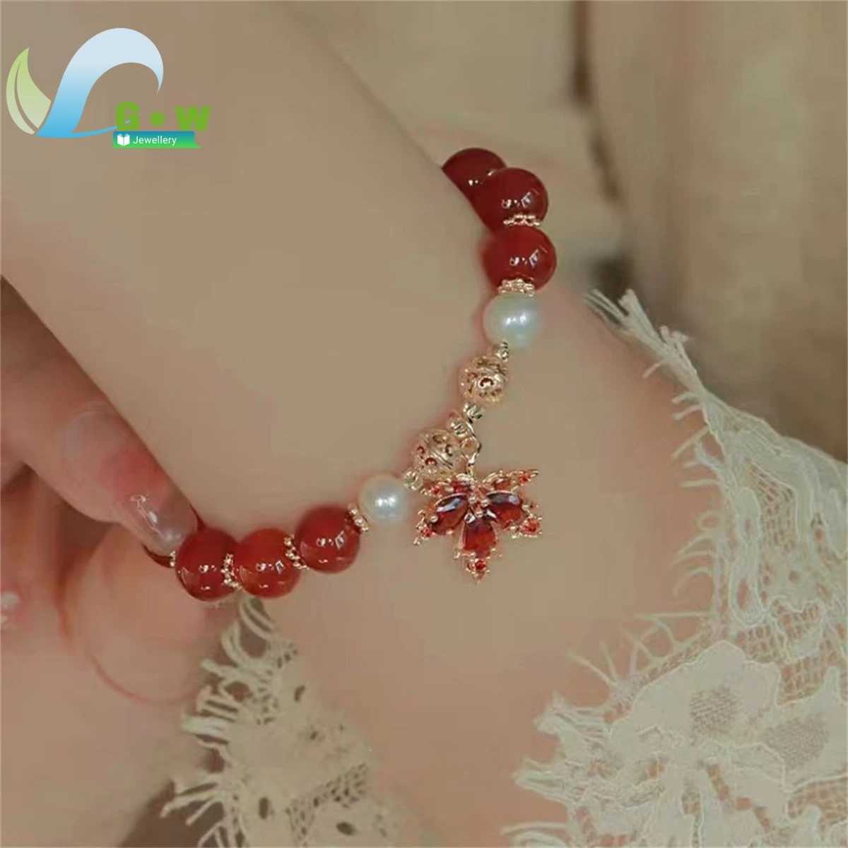 Red Crystal Beaded with Rhinestones MAPle Pendant - Retro Friendship Jewelry Gift for Women Girls Teens Fashion C251105