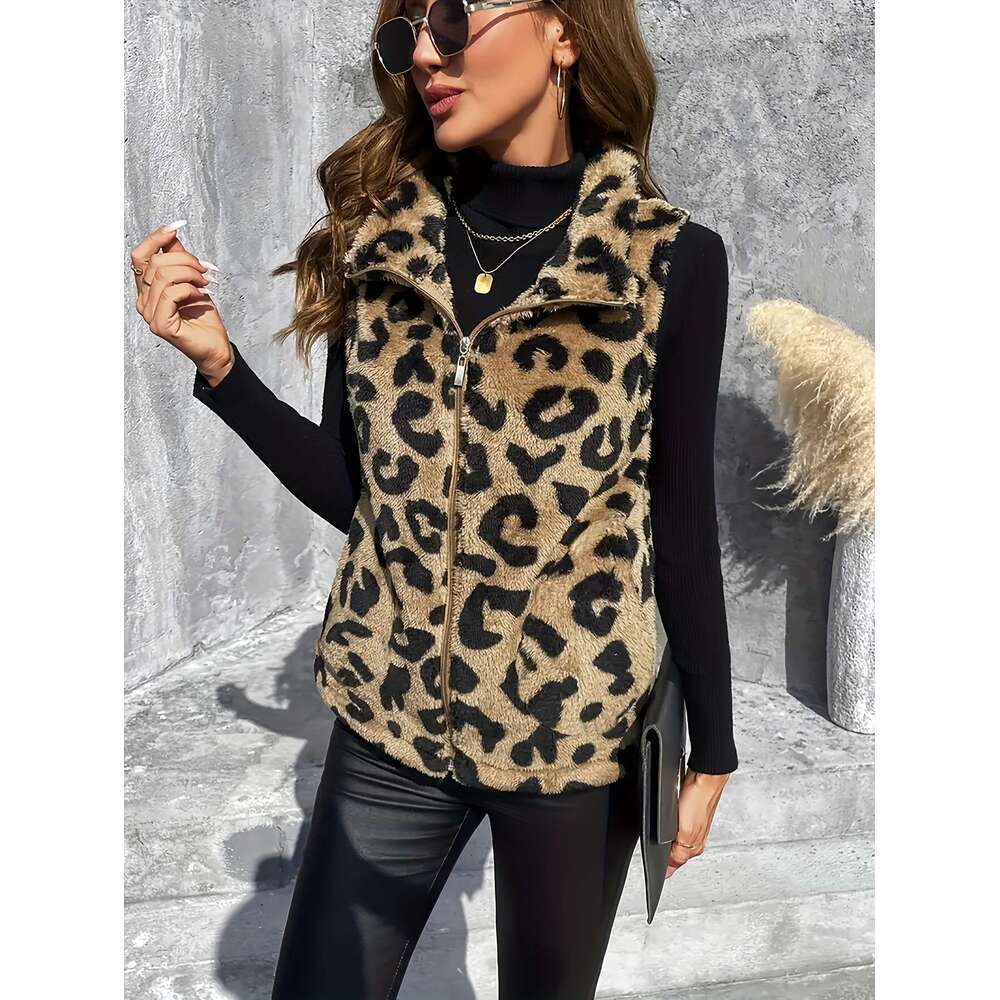 Women's Leopard Print Teddy Faux-Fur Sleeveless Vest With High Neck & Zipper Closure - Warm Winter Coat Fall/Winter, Hine Washable, Versatile Lay