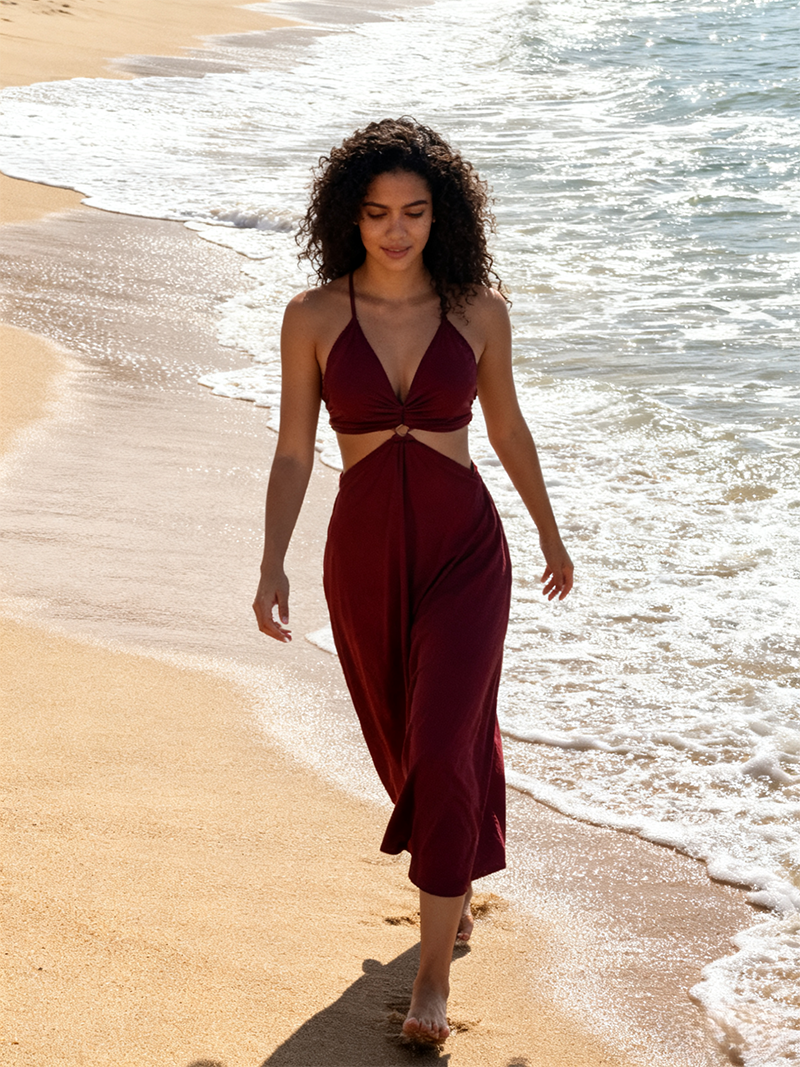 Burgundy Halter-Neck Crop Top Dress with Deep V-Neck, Metal Ring Cutout Detail, Beach Resort Style, Figure-Flattering Midi Length