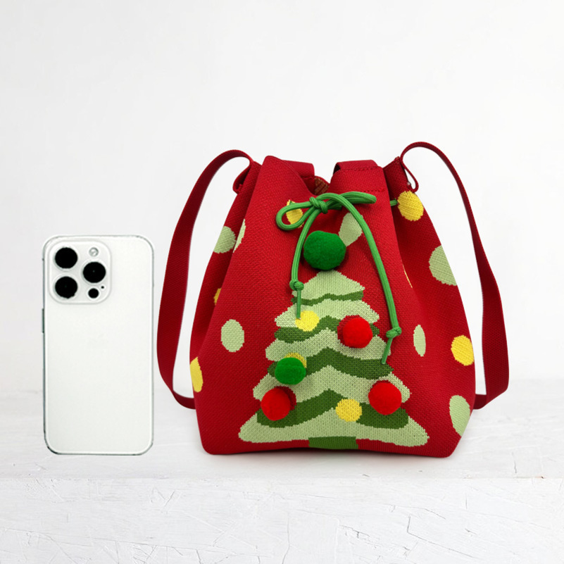 Womens knitted drawstring bagwith greenChristmas tree pattern cute style is suitable for use during festivals like Christmas 251104