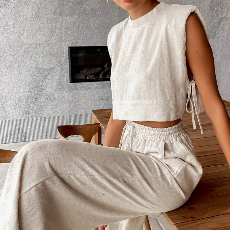 Womens Cotton Linen Pants Set Womens Summer 2-piece Lace Top Crop Top Vacation Elastic Waist Loose Top Pants Set Womens 250401