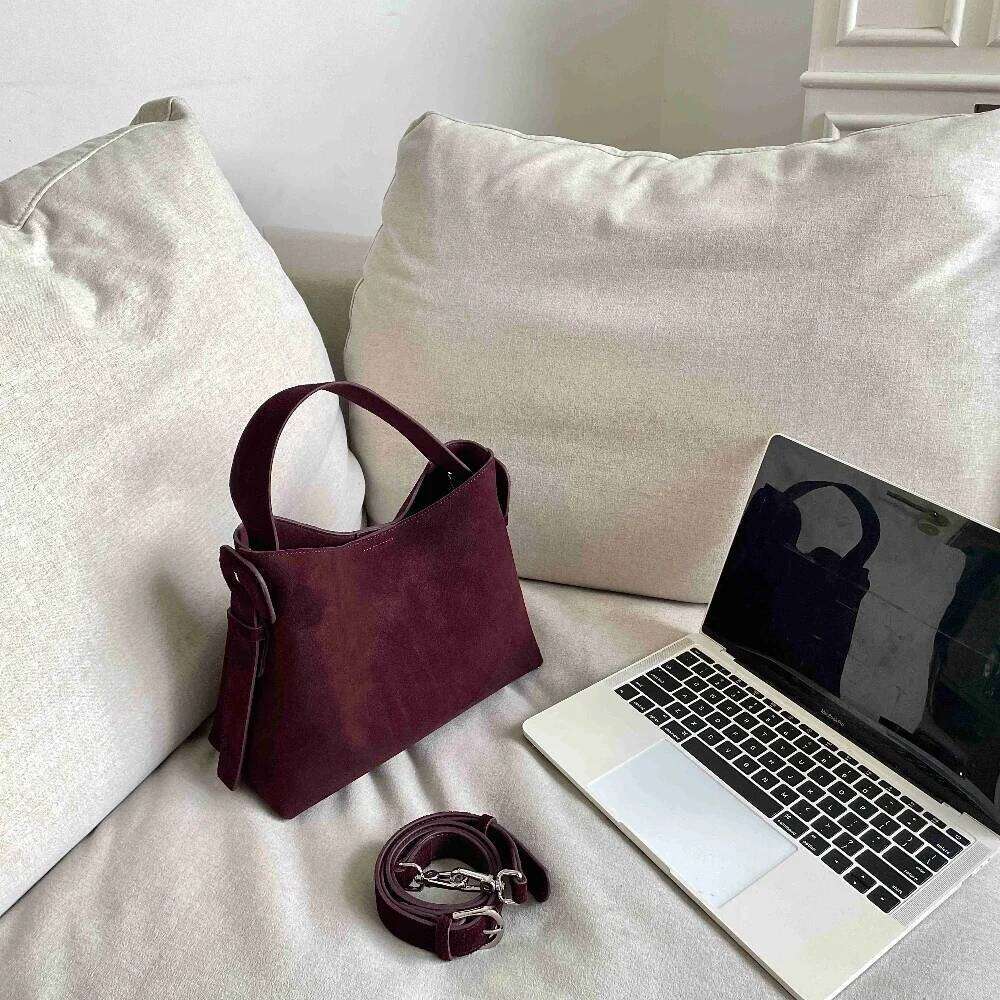 Ins Chic Elegant Design Coffee Solid Color Winter Tote Nubuck Leather Women Single Shoulder Bag Mattte Cowskin Female Handbag