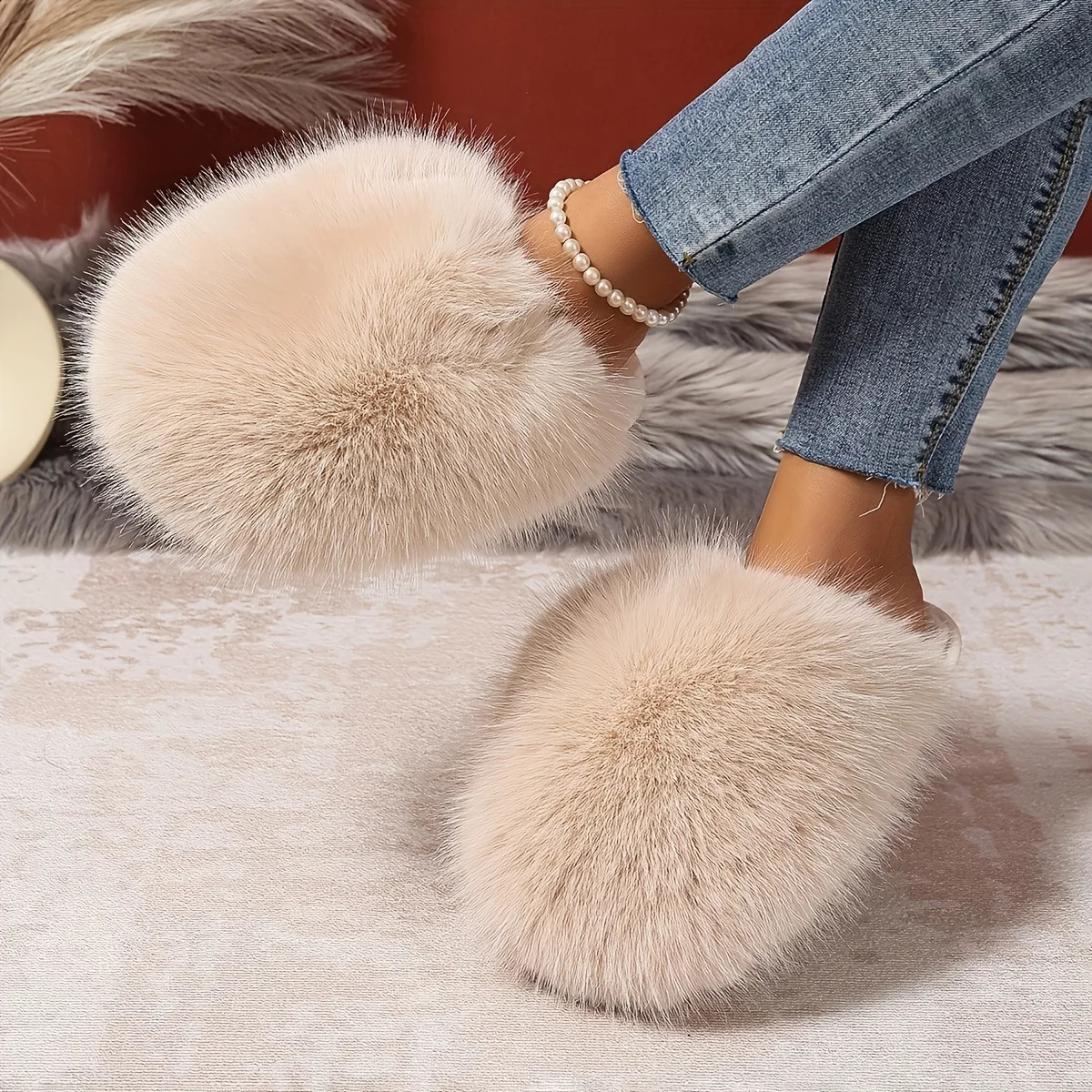 1 Pair Elegant Faux Fur Slippers for Women IndoorOutdoor House Shoes Korean Style Warm Flat NonSlip Rubber Sole Pure Color 251031