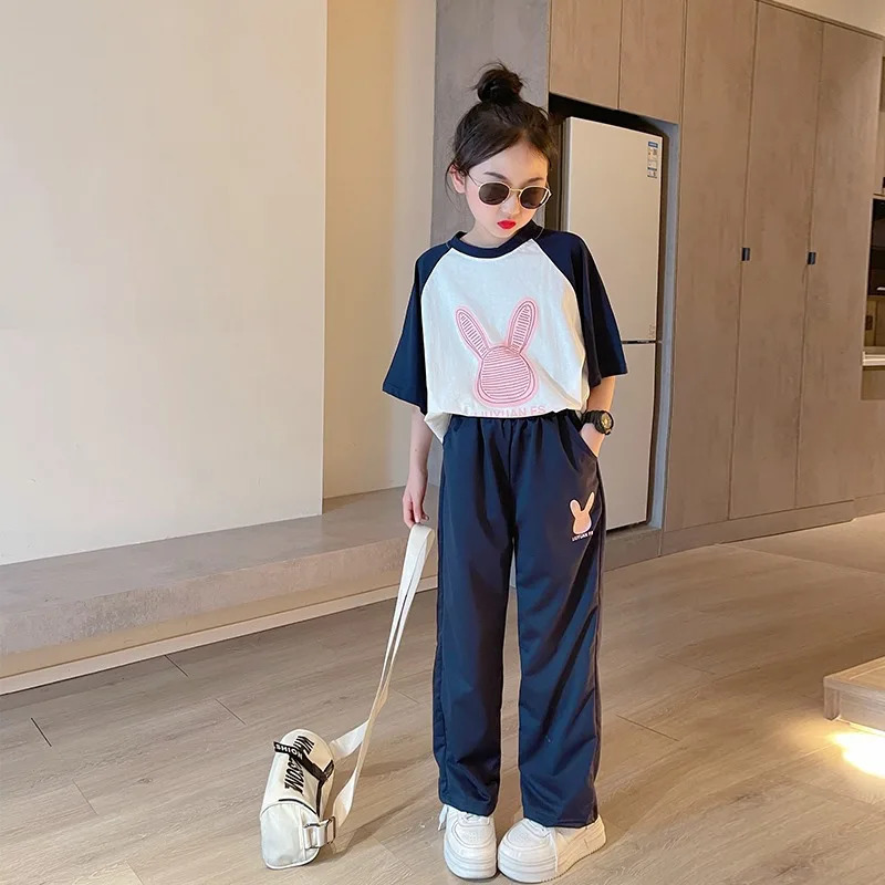 Girl sports twopiece set summer model foreign style girl big short sleeved childrens casual Tshirt 250325z