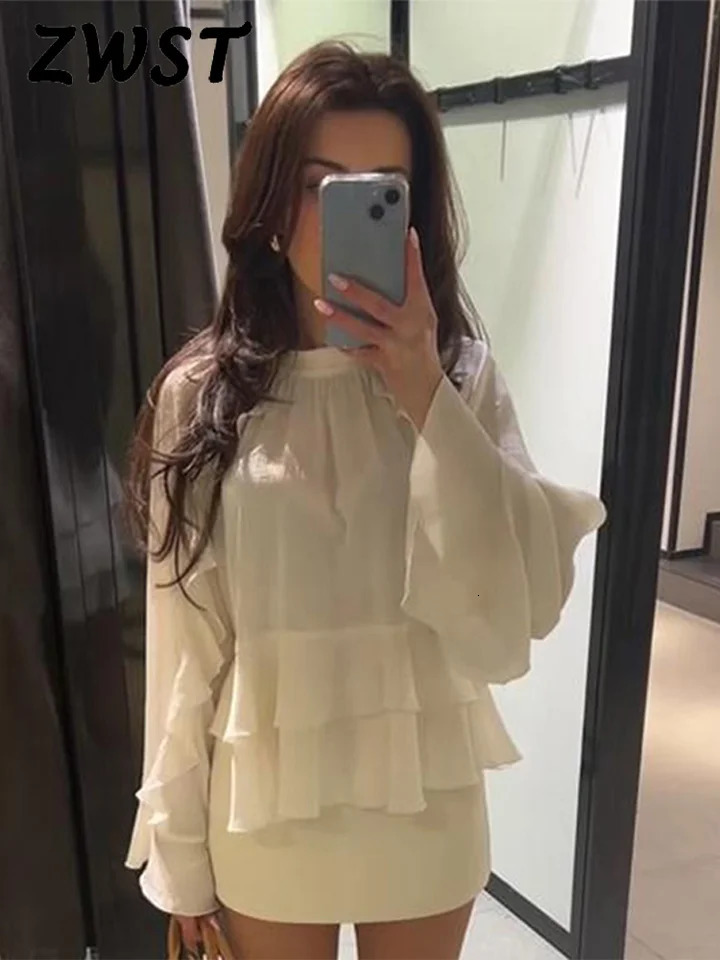 Fashion Flounce Blouses Womens Mesh Long sleeved O-neck Gauze Shirt Womens Spring/Summer Loose Womens Street Top 250402