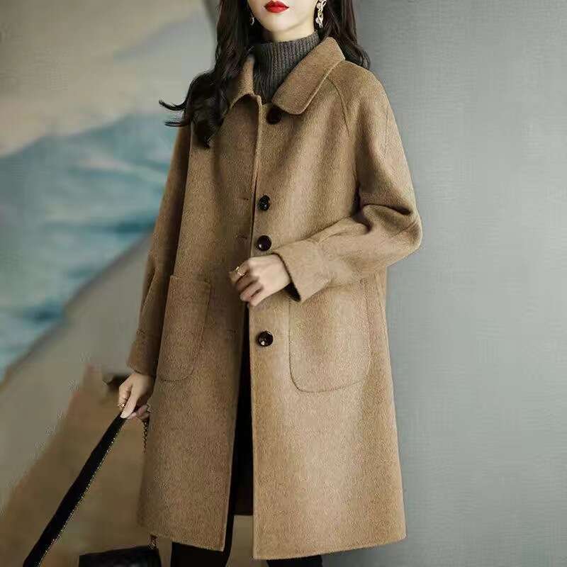 Wool For Women Autumn Winter New Style Petite Thickened Korean Version Slim Fit Elegant Mid-Length Woolen Coat B5