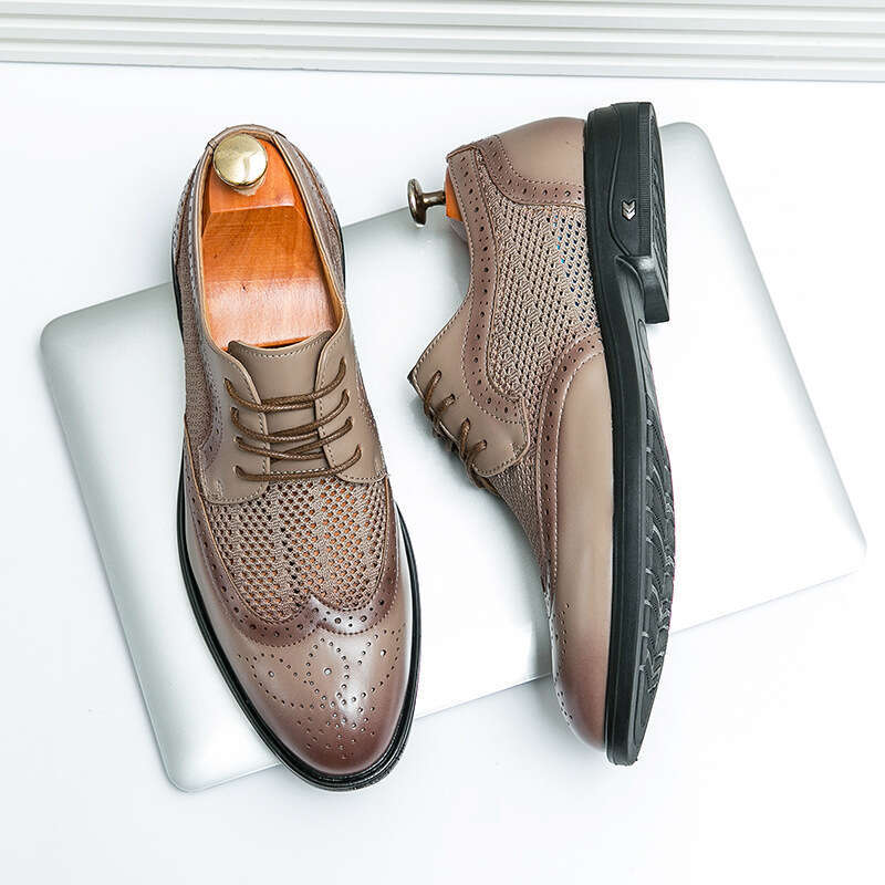 Summer mesh breathable casual plus size fashionable men's new leather shoes, hollow block business shoes