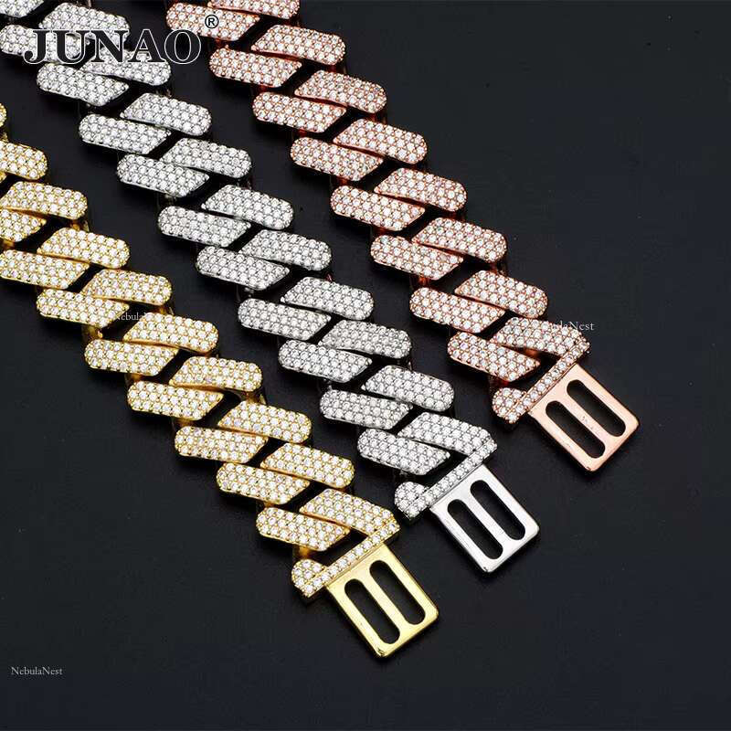 JUNAO 20mm Width Sier Rose Gold Plated Brass Chain Hip Hop Cuban k Dia Bracelet Necklace Jewelry for Men and Women