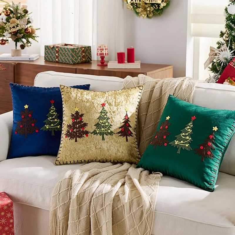 Velvet Embroidery Christmas Throw Pillow Cover Soft Square Cushion Case Xmas Trees Pillowcase for Home Winter Holiday Sofa Decor Y251105