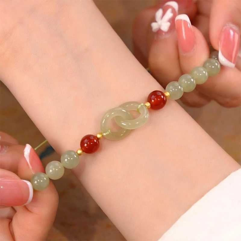 Fashion Double Ring Interlocking Hetian Jade Beaded Female Ins Style Love Safety Buckle Bangle For Bestie Birthday Gift C251105