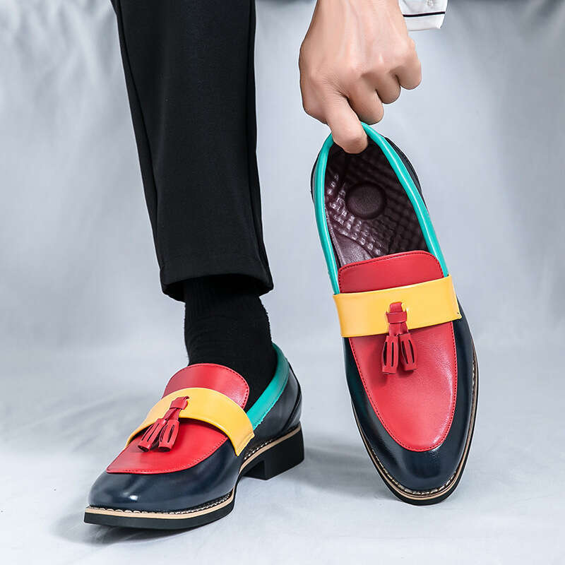Men's in plus size, new casual leather shoes, fashionable men's foot covers, loafers, trendy color blocking tassel shoes