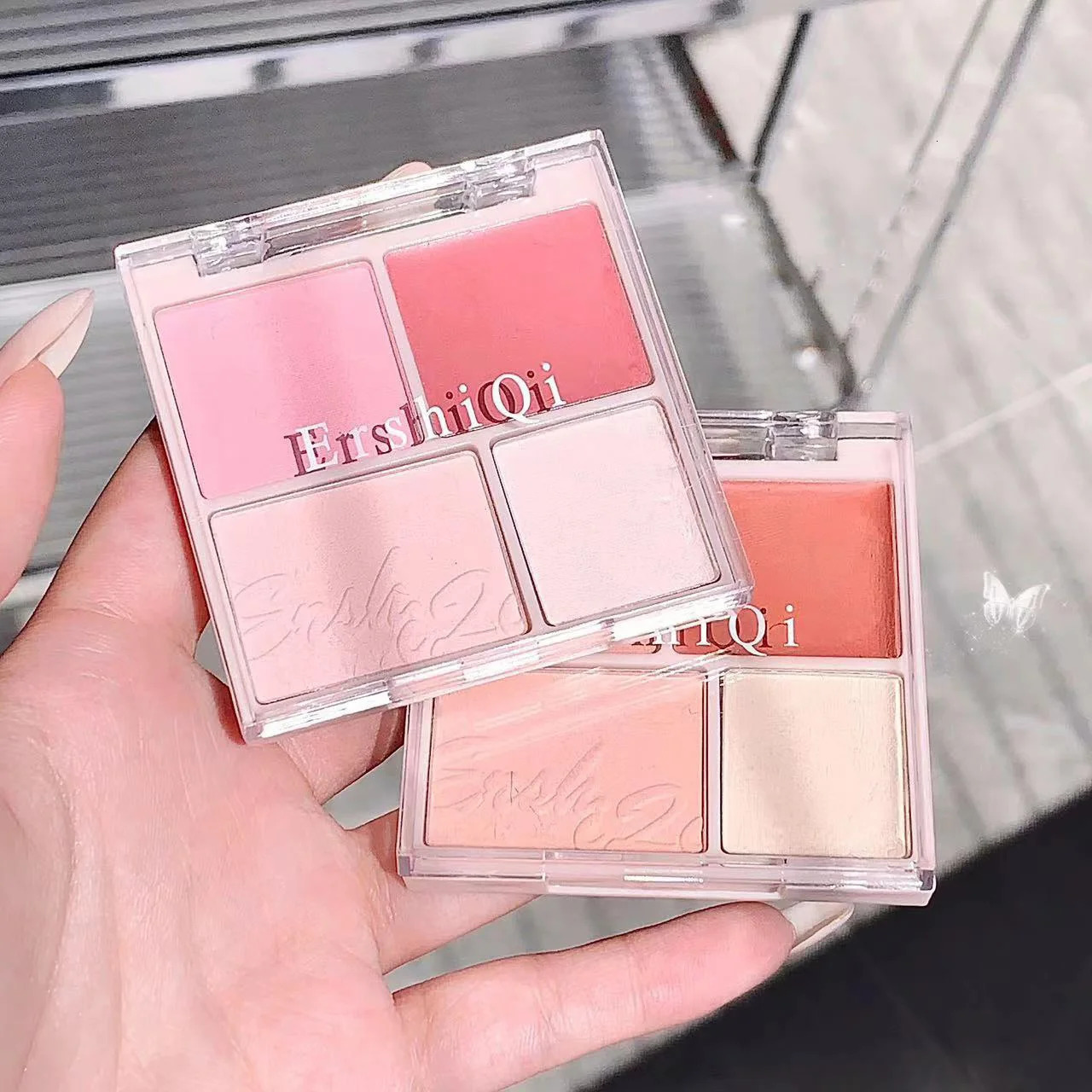 Cute girl four color powder blusher makeup palette matte peach pink natural bare effect womens 250325