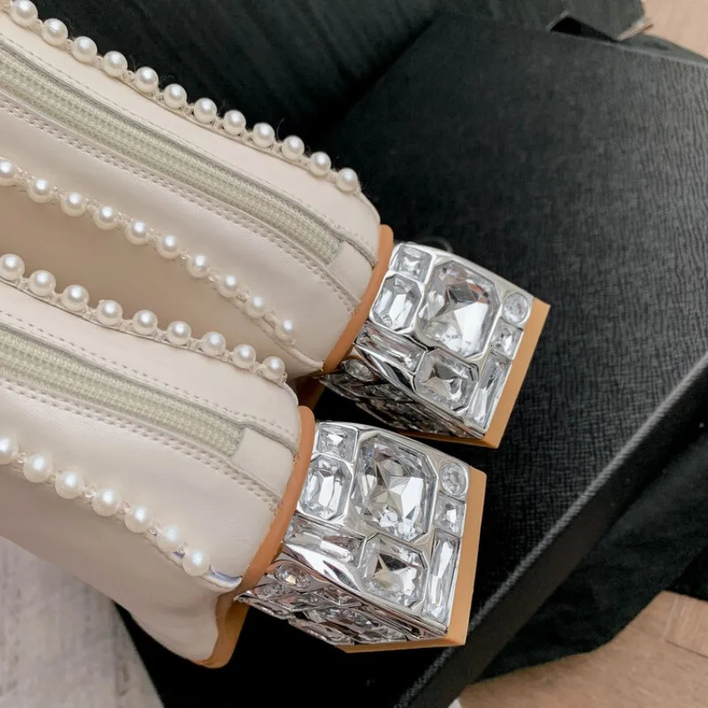 Black White Cowhide Pearl Edge Retro Knee High Boots Autumn Winter 55cm Low Heel Commuting Shopping Fashion Warm Long Boots 251031