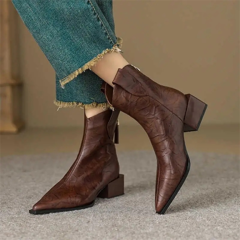 Pointed Toe Women Western Cowgirl Boots Fashion Slip on Chelsea Booties Retro Style Autumn Female Thick Heel Shoes Heel 5CM 251104