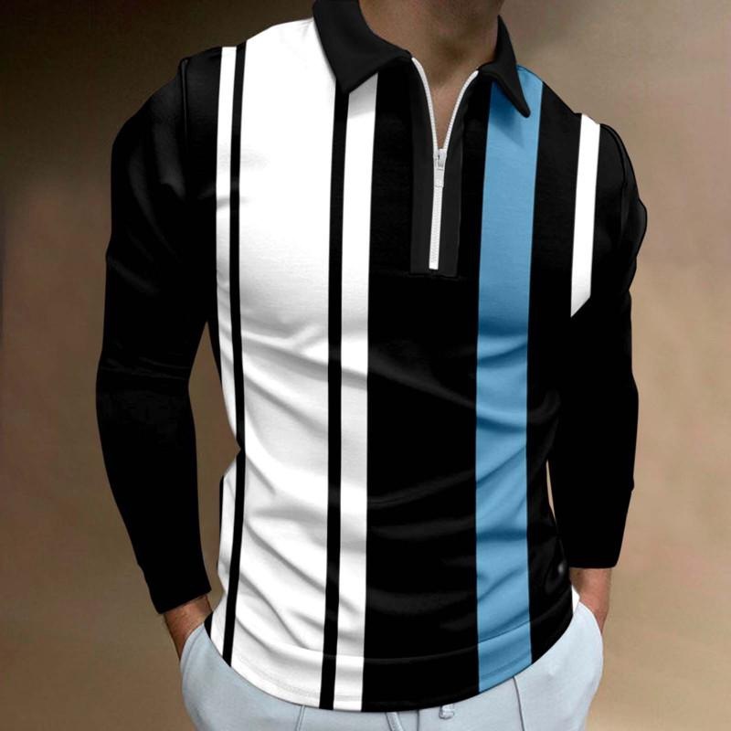 Autumn new mens solid color striped printed zipper polo mens polo shirt long sleeved T-shirt men