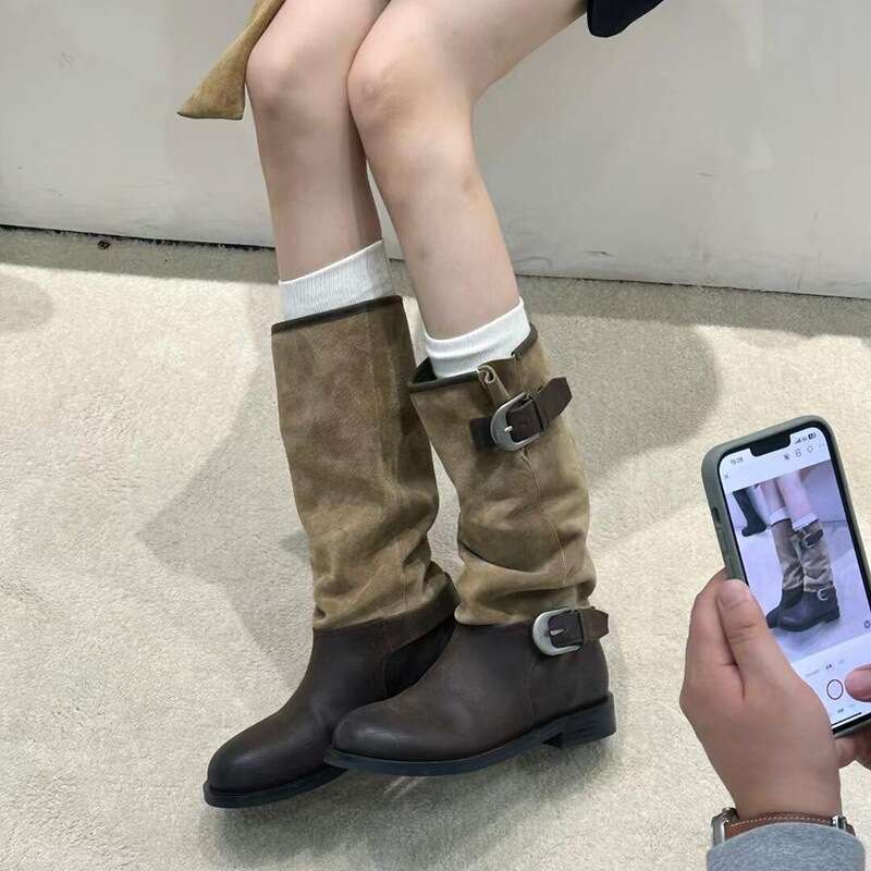 Brown Color Block Pleated Slouch for Women New Autumn Winter Long Tube Melad Designer Shoe High wide calf Boots botas para mujer